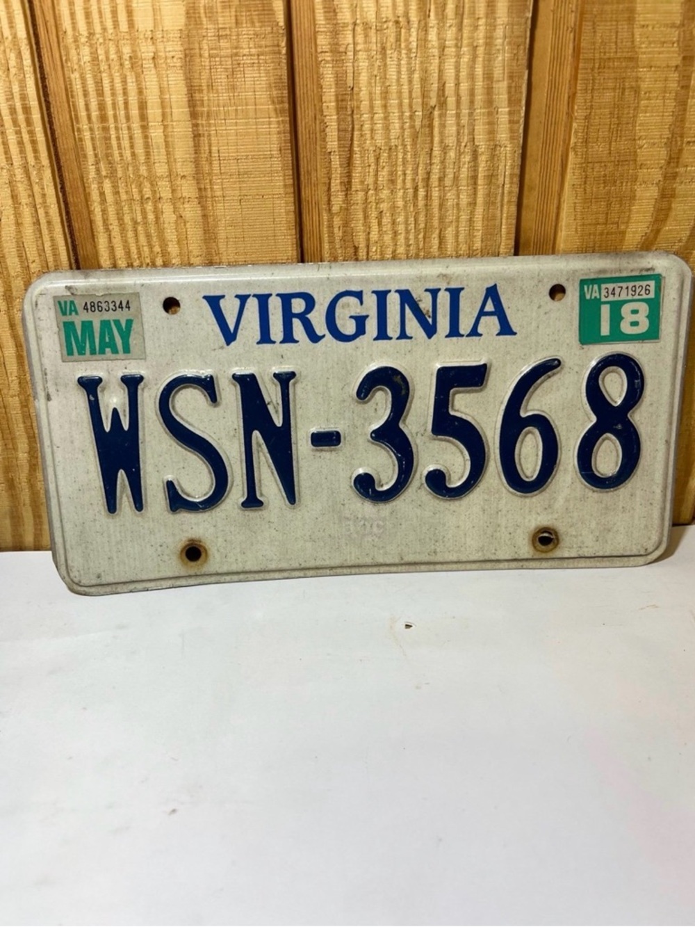 Virginia License Plate WSN-3568 in Blue and White